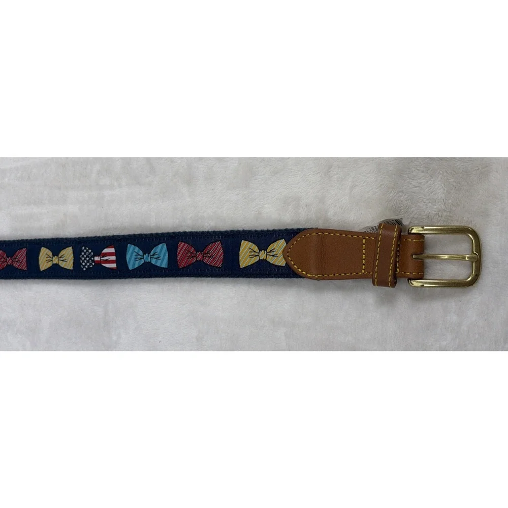 Men's Size 32 Simply Southern Collection Bow Tie Patterned Canvas/Leather Belt